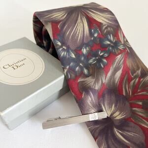 DIOR Vintage Floral Silk Tie and DIOR Silver Tie Clip Box